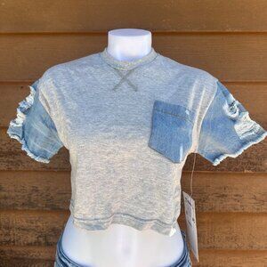 Thrill Jeans Cropped Tee With Distressed Denim Sleeves & Pocket Gray/Blue Womens